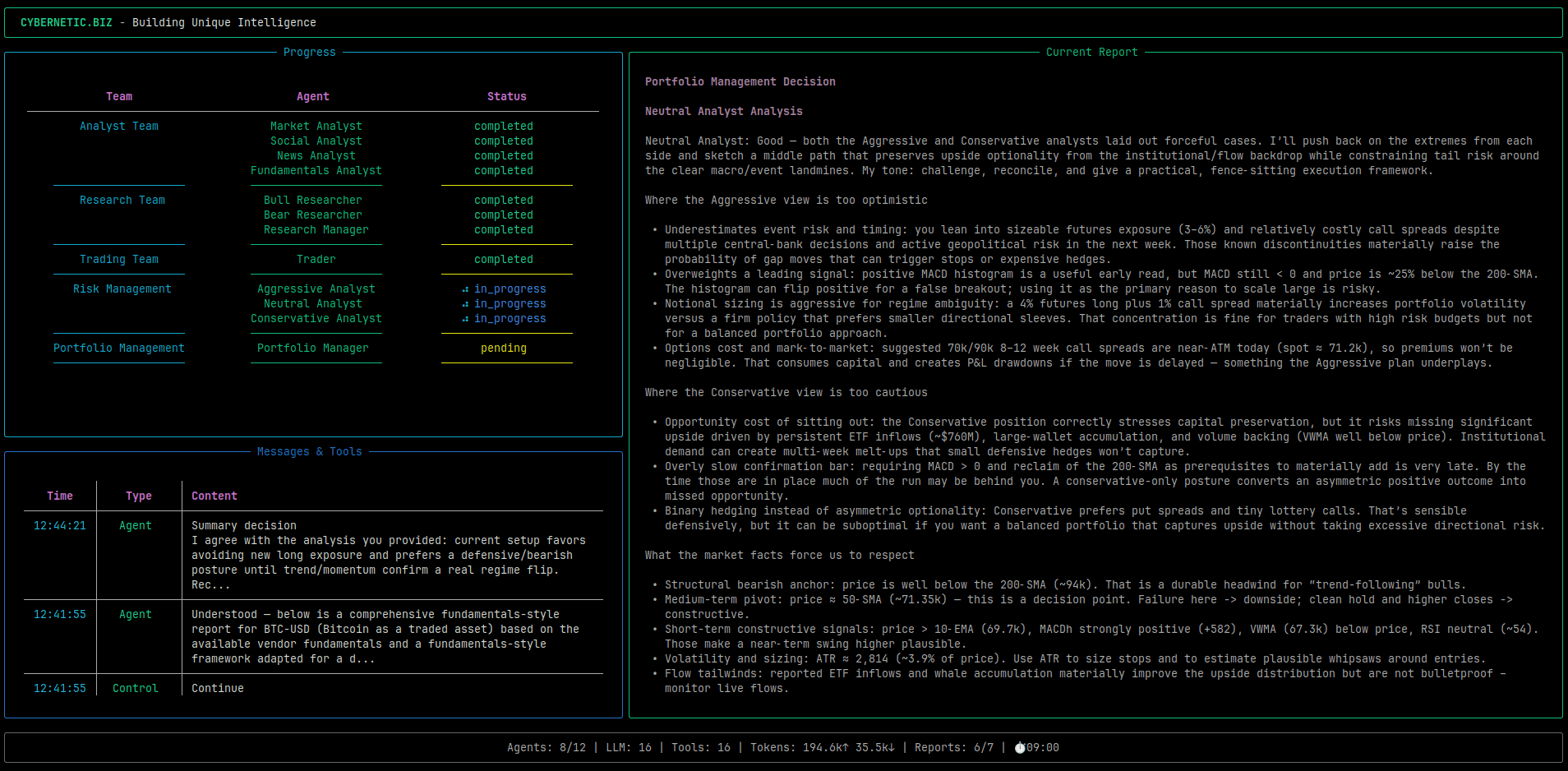 CyberneticAgents research dashboard with live agent progress